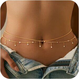 Waist Chain for Women, Dainty Gold Plated Belly Chain for The Waist Adjustable W